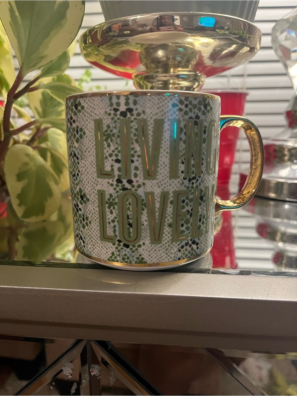 Anthropologie Green Patterned Ceramic Mug with Gold Handle